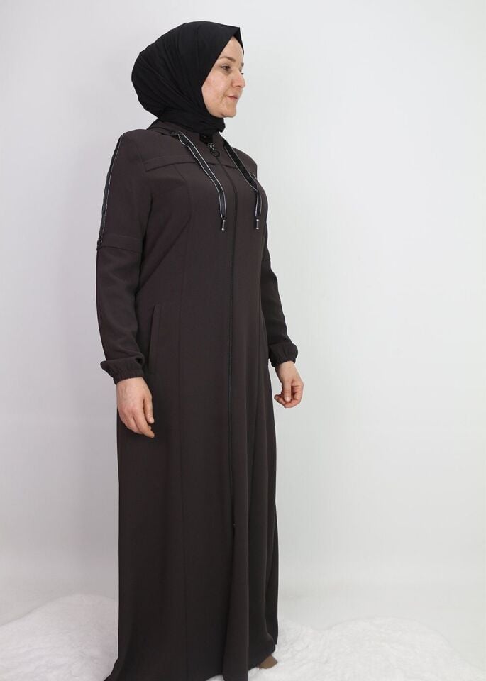 4048KOLLARI ŞERİT DETAYLI KOL UCU LASTİKLİ KAPÜŞONLU FERACE #23-01# QYS 4048 FERACE