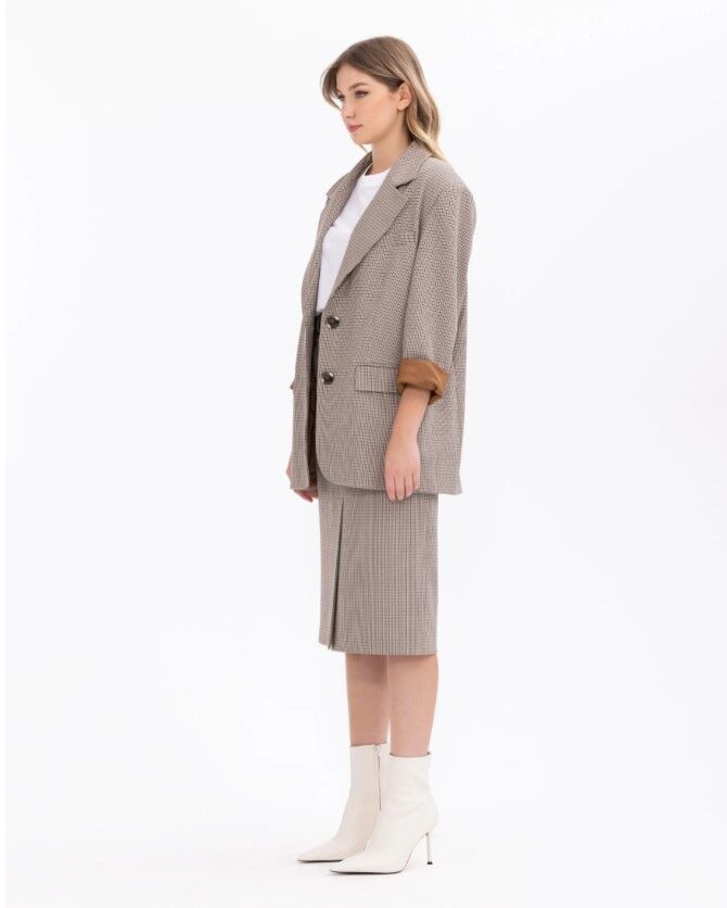 1022 EKOSE DESENLİ ÇİFT CEPLİ ASTARLI BLAZER CEKET BLAZER CEKET  10231205401022 QKS BLZEER CEKET 1022 #23-10# 40 - Kahverengi