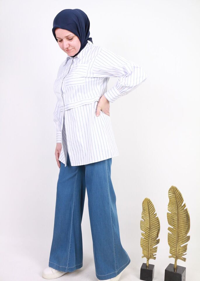 3802 ÖNÜ DEİĞMELİ FERMUARLI TENSEL KUMAŞ PANTOLON QYS PANTOLON 3802 #23-043 46 - BUZ MAVİSİ