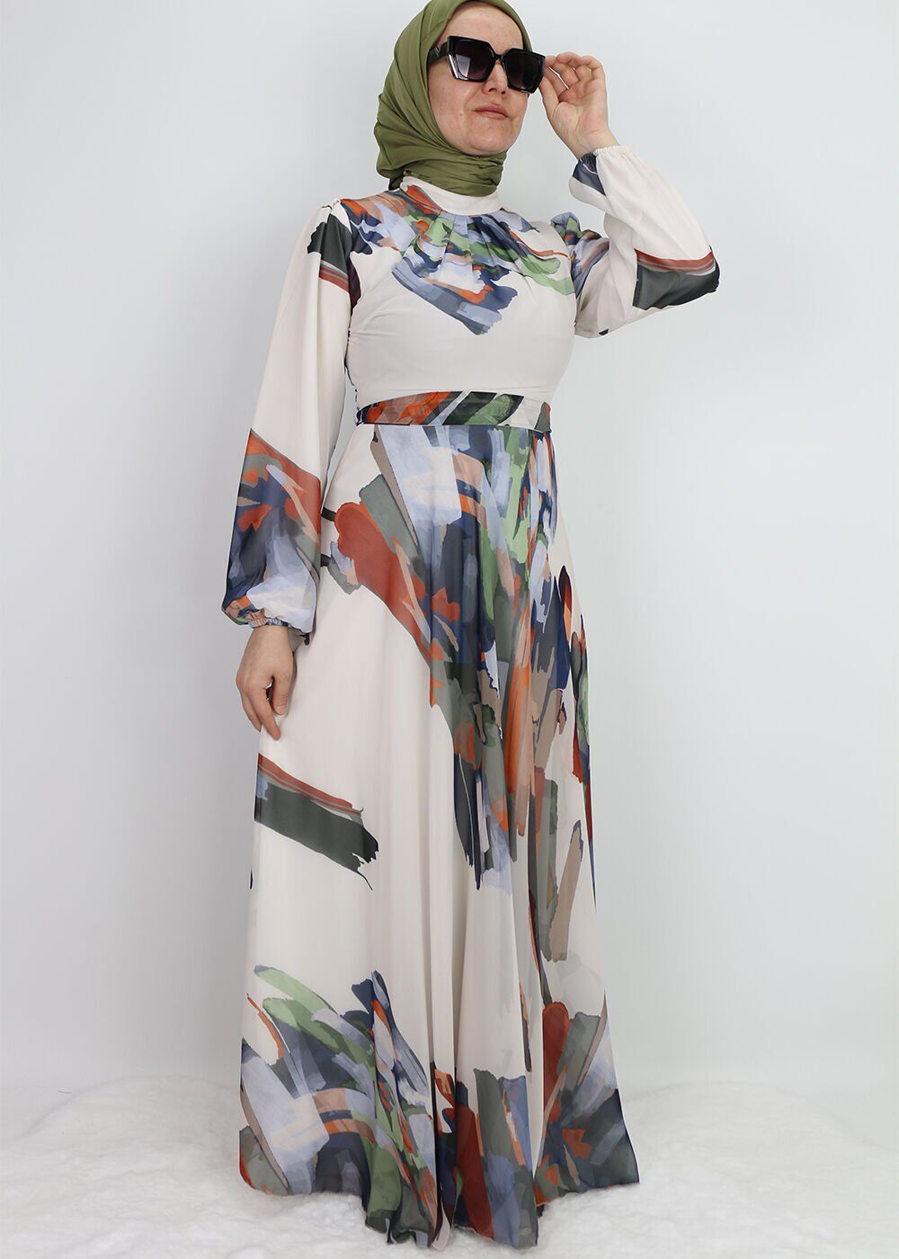 330190  ELBİSE DESENLİ KUŞAKLI KOL UCU LASTİKLİ ŞİFON ELİBSE QYS ELBİSE #24-073