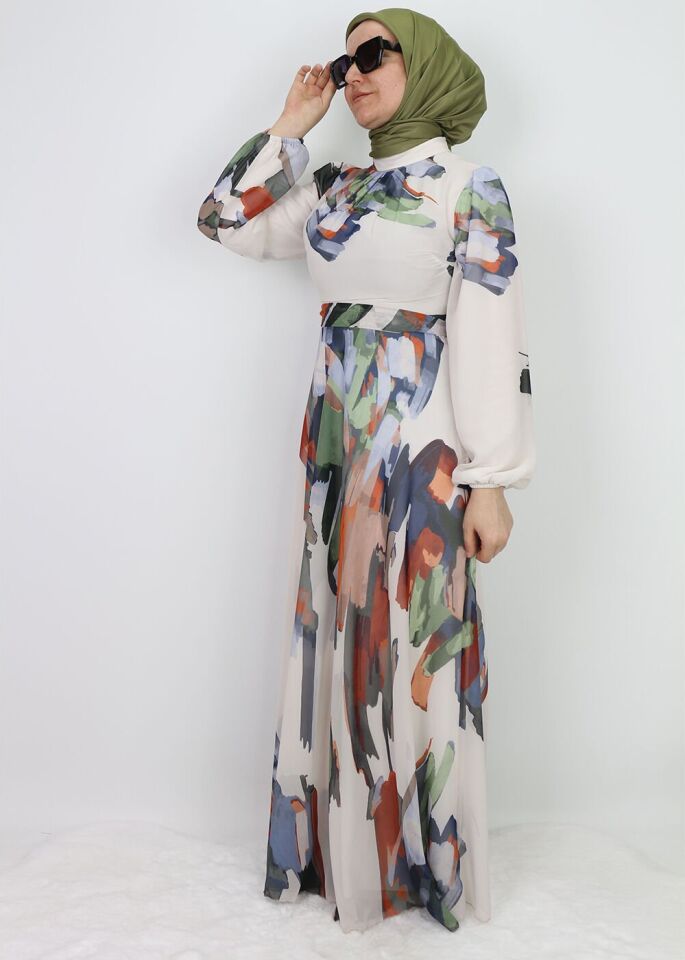 330190  ELBİSE DESENLİ KUŞAKLI KOL UCU LASTİKLİ ŞİFON ELİBSE QYS ELBİSE #24-073