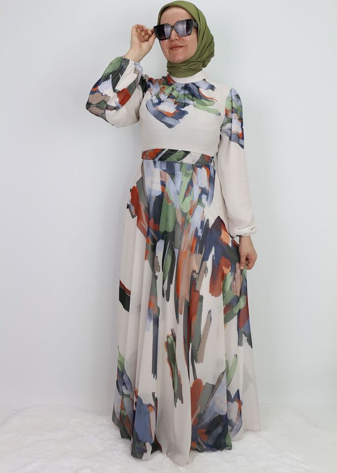 330190  ELBİSE DESENLİ KUŞAKLI KOL UCU LASTİKLİ ŞİFON ELİBSE QYS ELBİSE #24-073