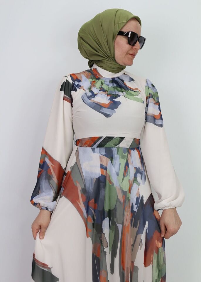 330190  ELBİSE DESENLİ KUŞAKLI KOL UCU LASTİKLİ ŞİFON ELİBSE QYS ELBİSE #24-073