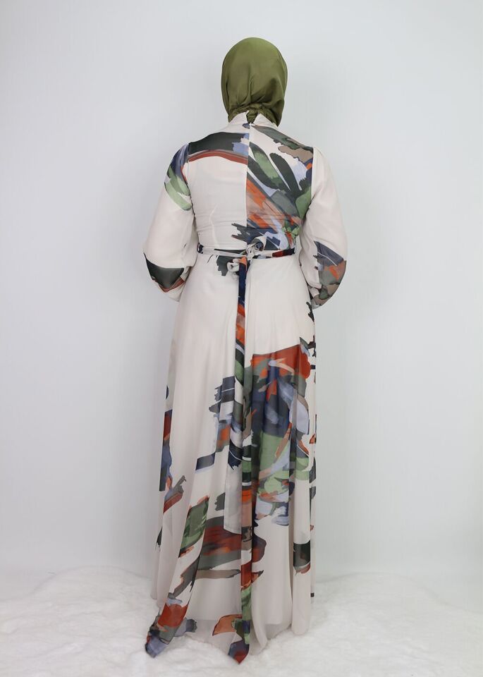 330190  ELBİSE DESENLİ KUŞAKLI KOL UCU LASTİKLİ ŞİFON ELİBSE QYS ELBİSE #24-073