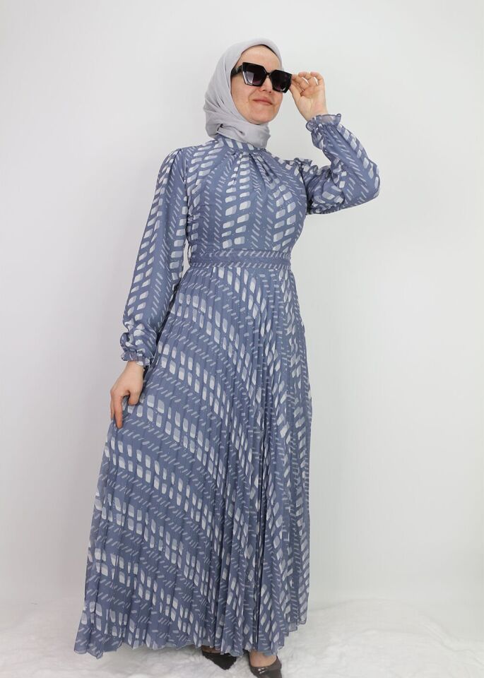 330191 ELBİSE DESENLİ KUAŞAKLI KOL UCU LASTİKLİ ŞİFON ELİBSE QYS ELBİSE #24-07#