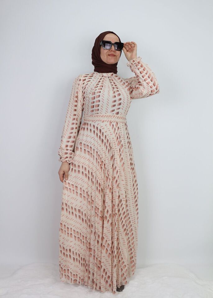 330191 ELBİSE DESENLİ KUAŞAKLI KOL UCU LASTİKLİ ŞİFON ELİBSE QYS ELBİSE #24-07#