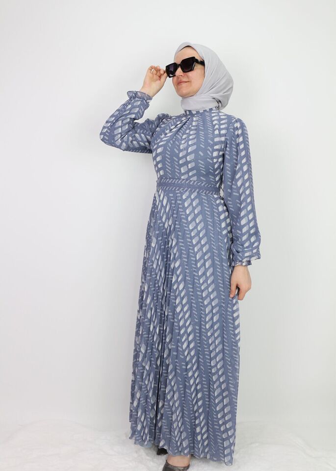 330191 ELBİSE DESENLİ KUAŞAKLI KOL UCU LASTİKLİ ŞİFON ELİBSE QYS ELBİSE #24-07#