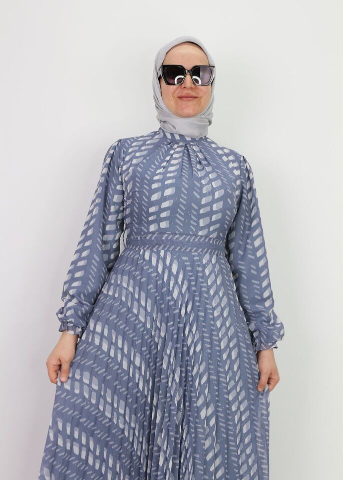 330191 ELBİSE DESENLİ KUAŞAKLI KOL UCU LASTİKLİ ŞİFON ELİBSE QYS ELBİSE #24-07#