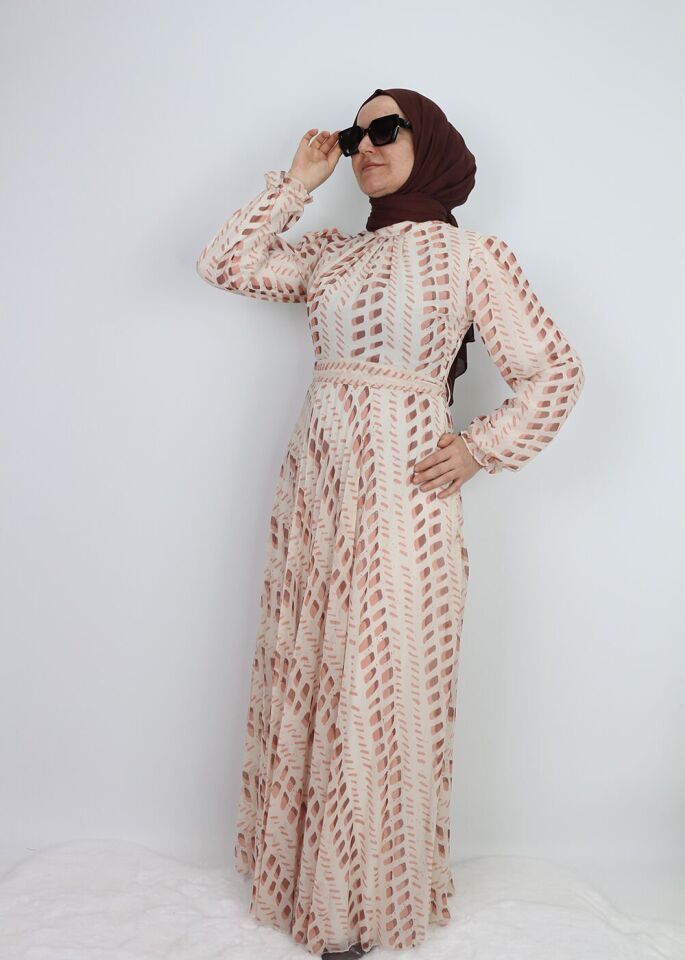 330191 ELBİSE DESENLİ KUAŞAKLI KOL UCU LASTİKLİ ŞİFON ELİBSE QYS ELBİSE #24-07#