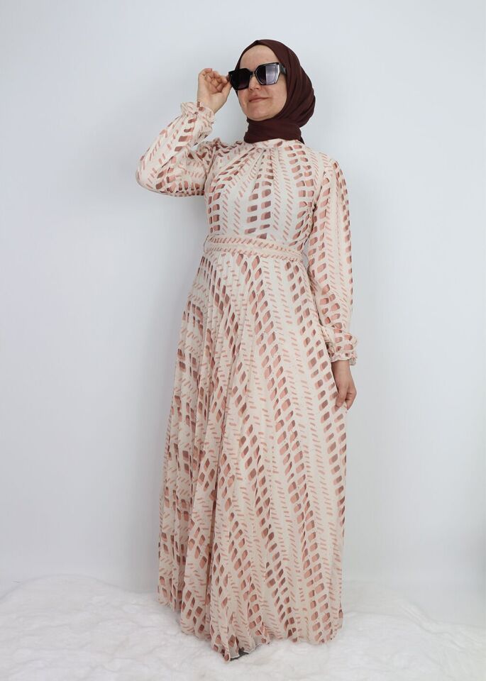 330191 ELBİSE DESENLİ KUAŞAKLI KOL UCU LASTİKLİ ŞİFON ELİBSE QYS ELBİSE #24-07#