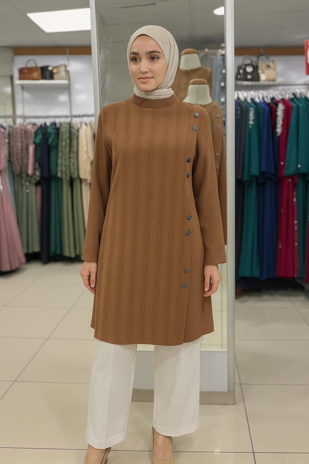 25234 ÖNÜ DÜĞMELİ SIFIR YAKA ÖN KISMI DESENLİ ŞIK GÖMLEK TUNİK #05-25# 42 - TABA