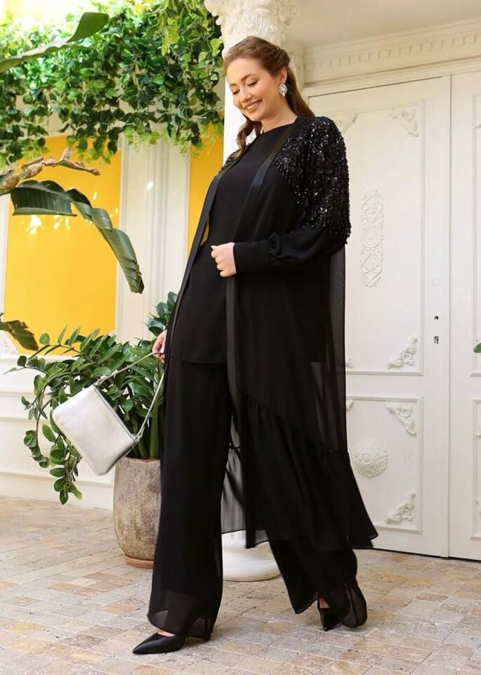 42904 İÇ BLUZ ŞİFON DIŞ GÖĞÜS VE BELE KADAR TAŞ BONCUK PUL İŞLEMELİ ALT KISIM DETAYLI KOL UCU MANŞETLİ 3LÜ ŞIK TAKIM