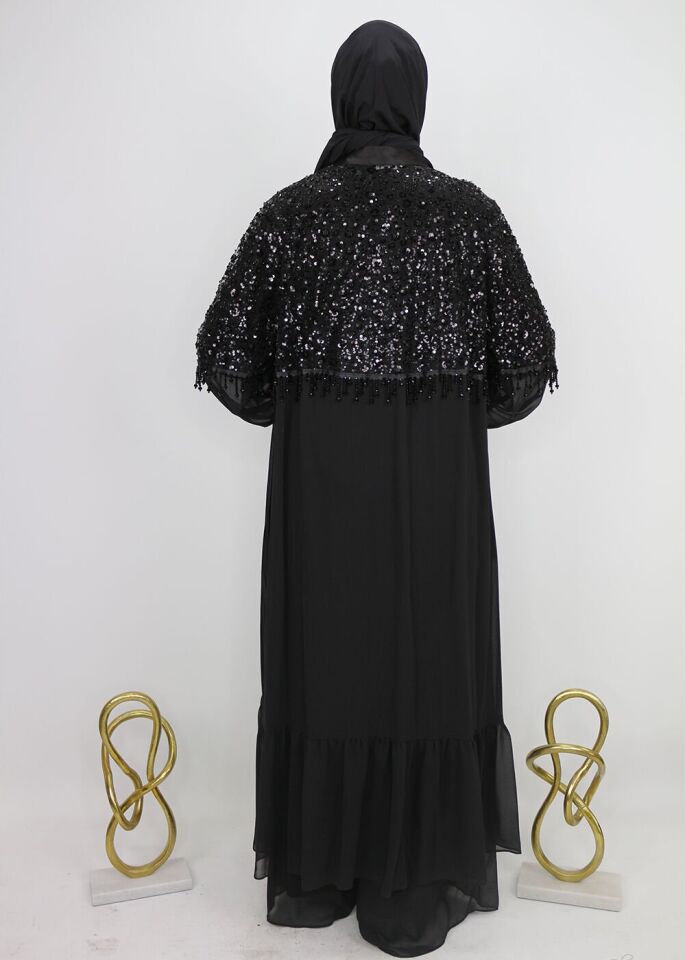 42904 İÇ BLUZ ŞİFON DIŞ GÖĞÜS VE BELE KADAR TAŞ BONCUK PUL İŞLEMELİ ALT KISIM DETAYLI KOL UCU MANŞETLİ 3LÜ ŞIK TAKIM