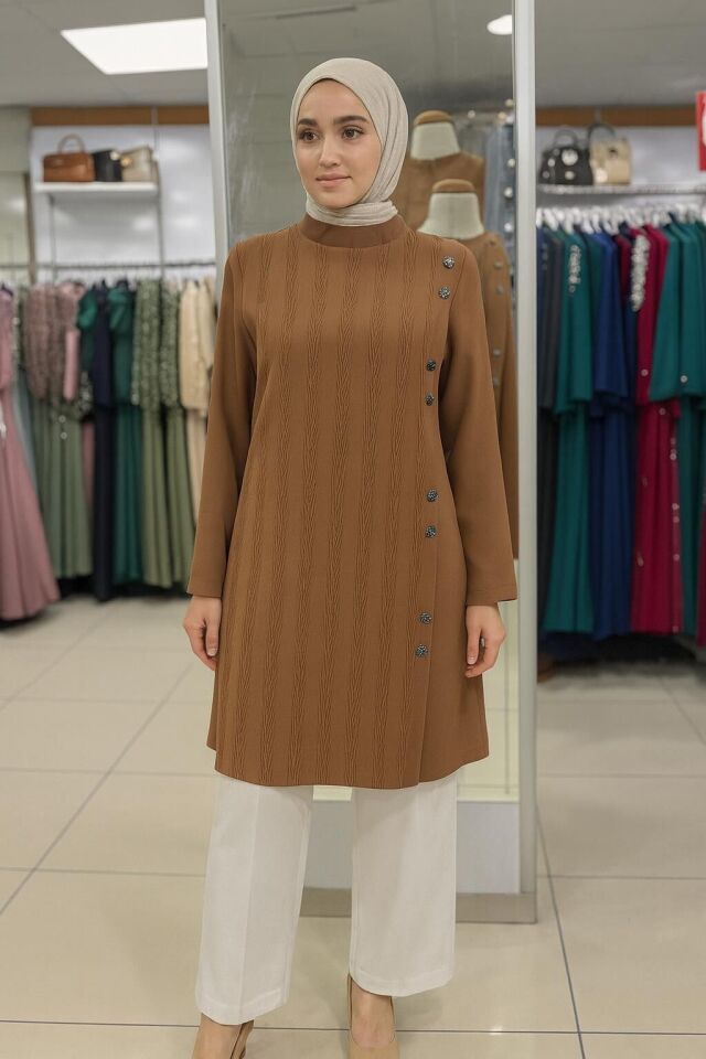 25234 ÖNÜ DÜĞMELİ SIFIR YAKA ÖN KISMI DESENLİ ŞIK GÖMLEK TUNİK #05-25# 50 - TABA
