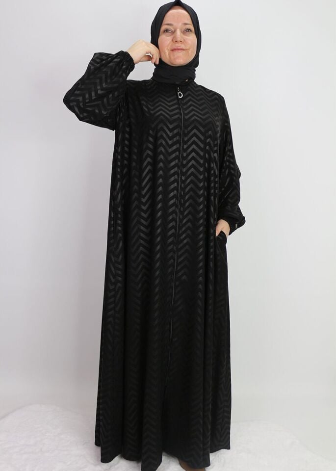 520489 FERACE SIFIR YAKA KOL UCU LASTİKLİ JAKAR DESEN BELİ BAĞLAMALI MEDİNE İPEĞİ SPOR ŞIK FERACE