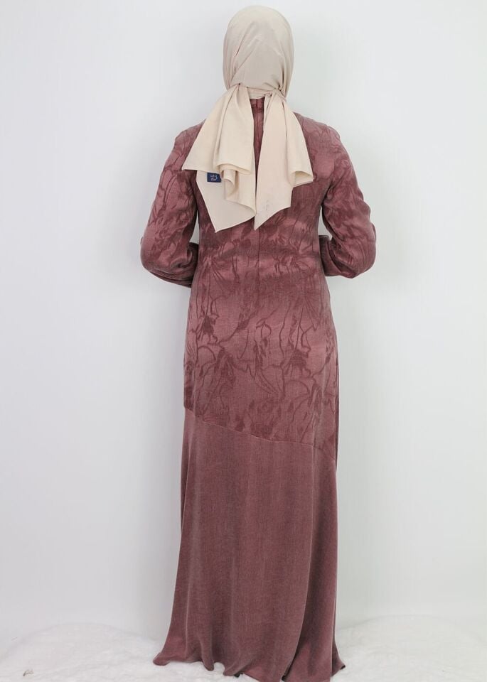 5011 KOL UCU LASTİKLİ HAKİM YAKA BELİ KEMERLİ ALT KISMI VOLANLI ÇİÇEK DESENLİ KUPRA ELBİSE #01-25#