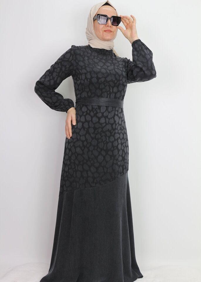 5011 KOL UCU LASTİKLİ HAKİM YAKA BELİ KEMERLİ ALT KISMI VOLANLI ÇİÇEK DESENLİ KUPRA ELBİSE #01-25#