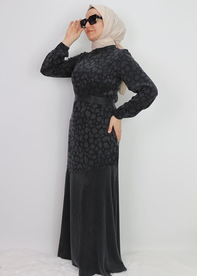 5011 KOL UCU LASTİKLİ HAKİM YAKA BELİ KEMERLİ ALT KISMI VOLANLI ÇİÇEK DESENLİ KUPRA ELBİSE #01-25#