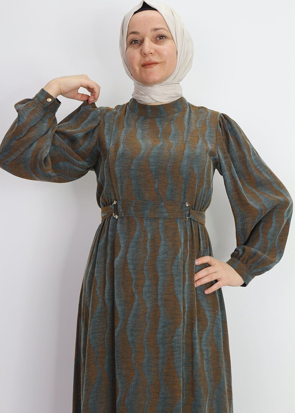 5012 KUPRA KUMAŞ ELBİSE BELİ LASTİKLİ KEMER DETAYLI YUVARLAK YAKA BALON KOL PAMUKLU KUPRA KUMAŞ ELBİSE #01-25#