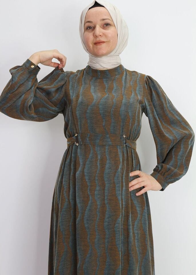 5012 KUPRA KUMAŞ ELBİSE BELİ LASTİKLİ KEMER DETAYLI YUVARLAK YAKA BALON KOL PAMUKLU KUPRA KUMAŞ ELBİSE #01-25#