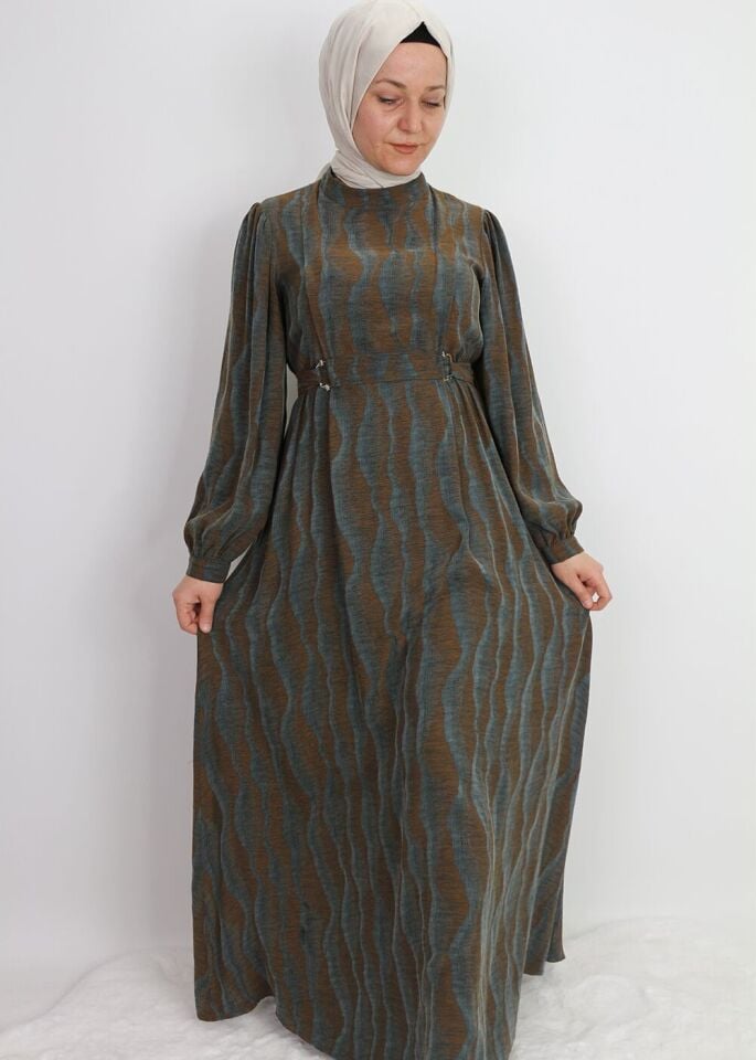 5012 KUPRA KUMAŞ ELBİSE BELİ LASTİKLİ KEMER DETAYLI YUVARLAK YAKA BALON KOL PAMUKLU KUPRA KUMAŞ ELBİSE #01-25#