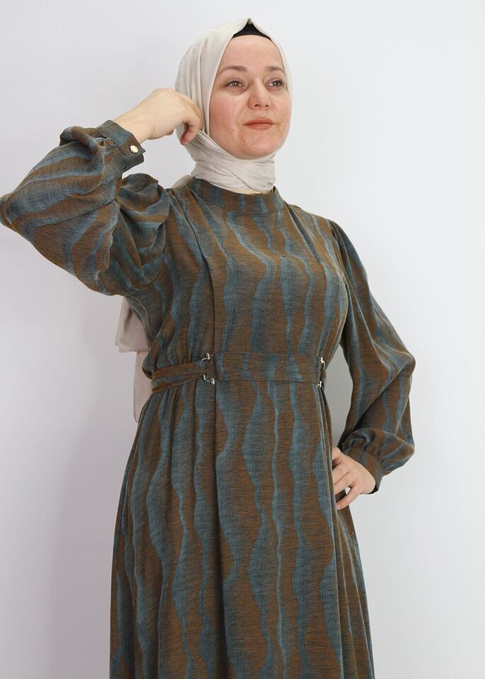 5012 KUPRA KUMAŞ ELBİSE BELİ LASTİKLİ KEMER DETAYLI YUVARLAK YAKA BALON KOL PAMUKLU KUPRA KUMAŞ ELBİSE #01-25#