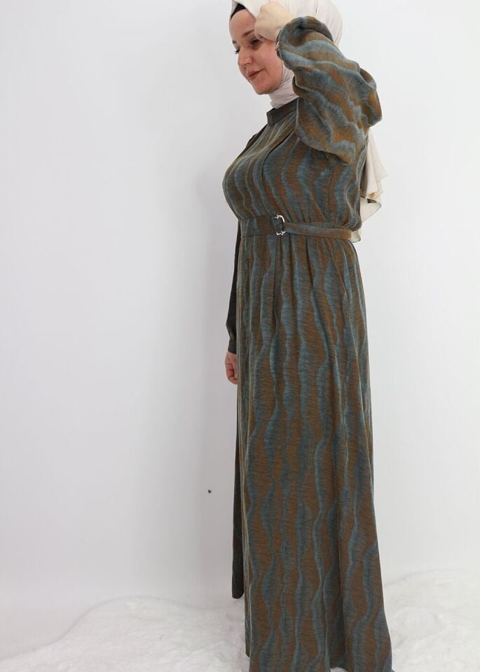 5012 KUPRA KUMAŞ ELBİSE BELİ LASTİKLİ KEMER DETAYLI YUVARLAK YAKA BALON KOL PAMUKLU KUPRA KUMAŞ ELBİSE #01-25#