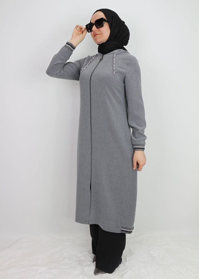 2130 KAPİŞONLU KOL UCU LASTİKLİ ÖNÜ FERMUARLI YANLARI LASTİK DETAYLI KAPİŞONU ZİNCİRLİ GİY-ÇIK KAP #02-25#