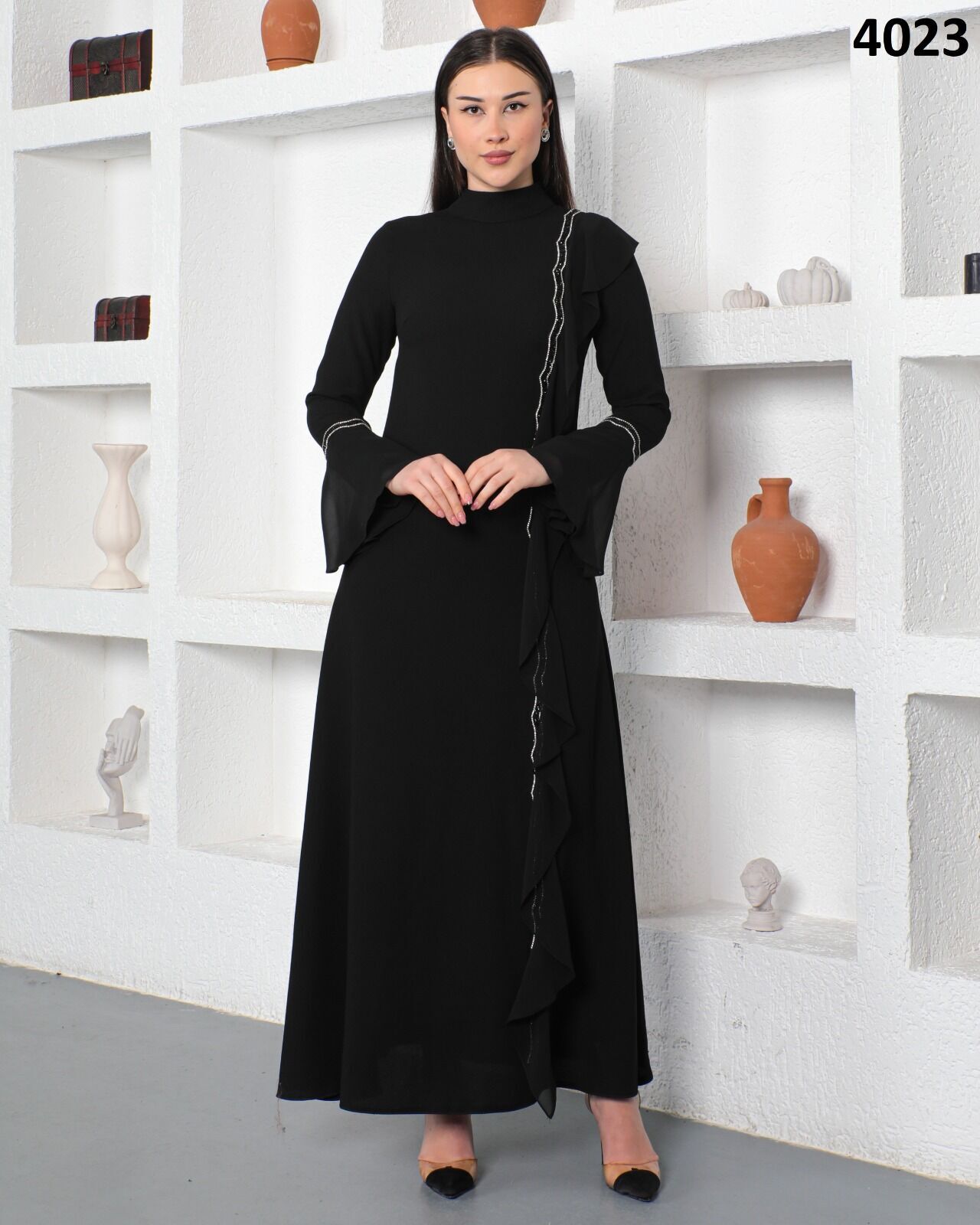 4023 KOLLARI VE ÖNÜ TAŞ DETAYLI VOLANLI HAKM YAKA ABİYE ELBİSE QKS ABİYE ELBİSE 4023 #23-02#