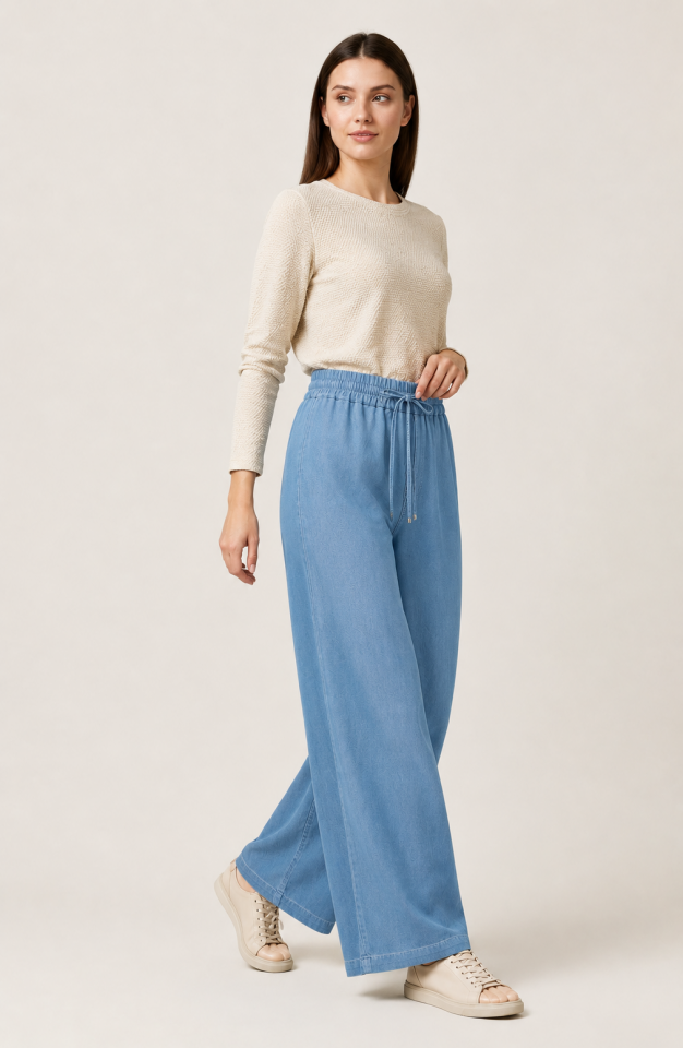 59216 BÜYÜK BEDEN BELİ LASTİKLİ VE BAĞLAMALI GENİŞ PAÇA KOT PANTALON #2026#