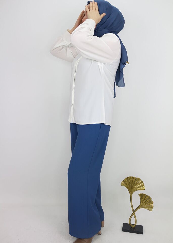 1102 BELİ BAPLAMALII LASTİKL BOL PAÇA PANTOLON QYS PANTOLON S23Y11102  #23-09# 40 - İndigo