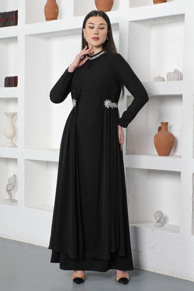 2131 YAKSI VE BEL KISMI TAŞ DETAYLI TÜLLÜ SIFIR YAKA ABİYE ELİBSE QKS ABİYE ELBİSE 2131 323-02#