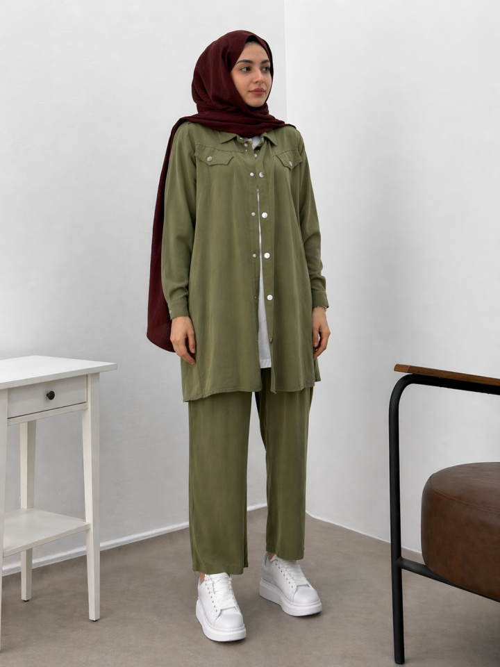 10384 İÇİ YARIM KOL DIŞ TUNİK ÖNÜ ÇITÇITLI CEP GÖRÜNÜMLÜ PANTALONLU SPOR İKİLİ TAKIM #26#