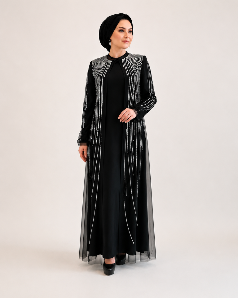 5008 KOLU OMZU AŞAĞIYA KADAR TAŞ DETAYLI ÜSTÜ TÜL İÇİ SANDY ABAYA #02-25#