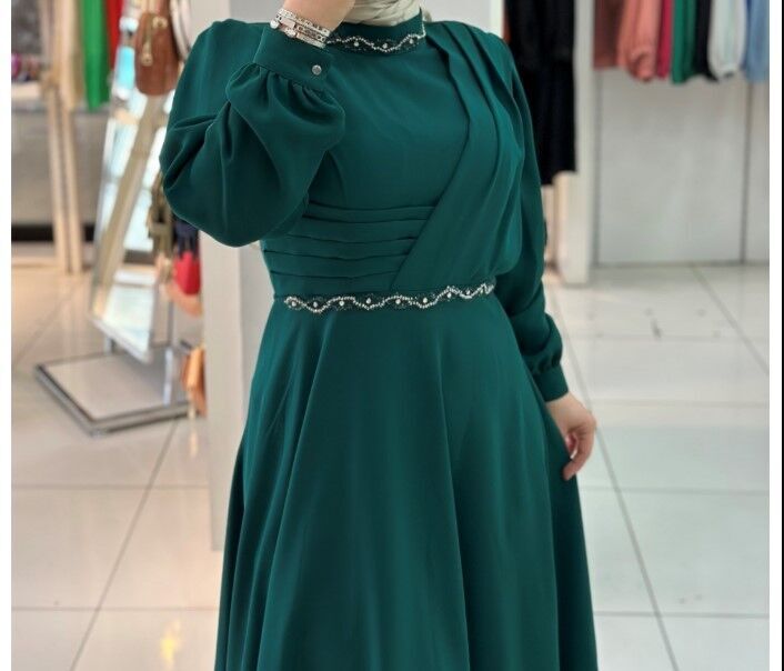 2102 YAKASI VE BELİ TAŞ DETAYLI SIFIR YAKA ABİYE ELBİSE QKS ABİYE ELBİSE #23-02#