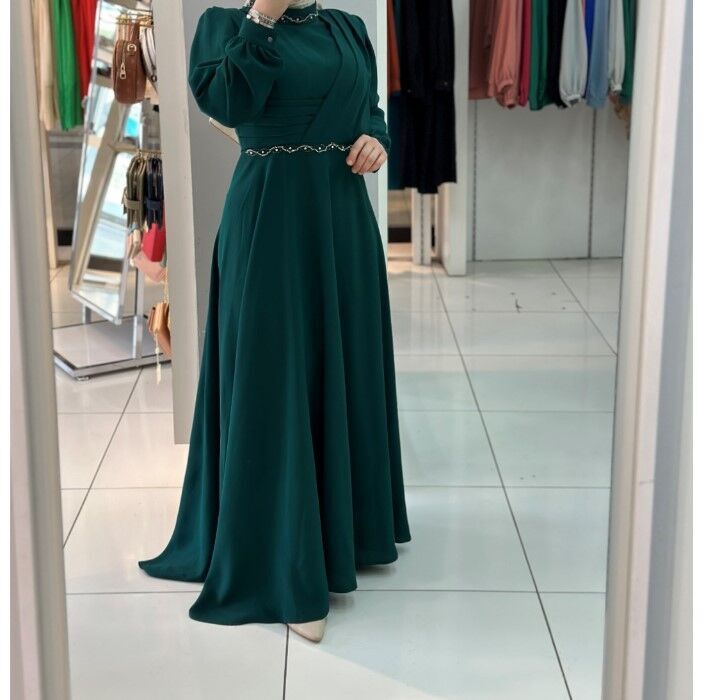 2102 YAKASI VE BELİ TAŞ DETAYLI SIFIR YAKA ABİYE ELBİSE QKS ABİYE ELBİSE #23-02#