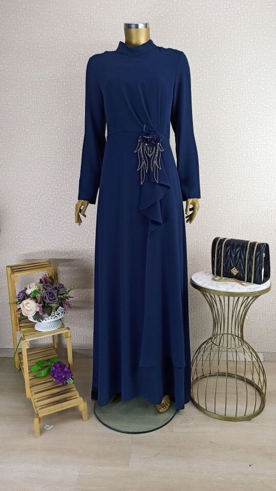 2139 BELİ GÜL VE TAŞ DETAYLI HAKİM YAKA ABİYE ELBİSE QKS ABİYE ELBİSE #23-02#