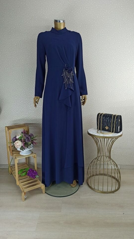 2139 BELİ GÜL VE TAŞ DETAYLI HAKİM YAKA ABİYE ELBİSE QKS ABİYE ELBİSE #23-02#