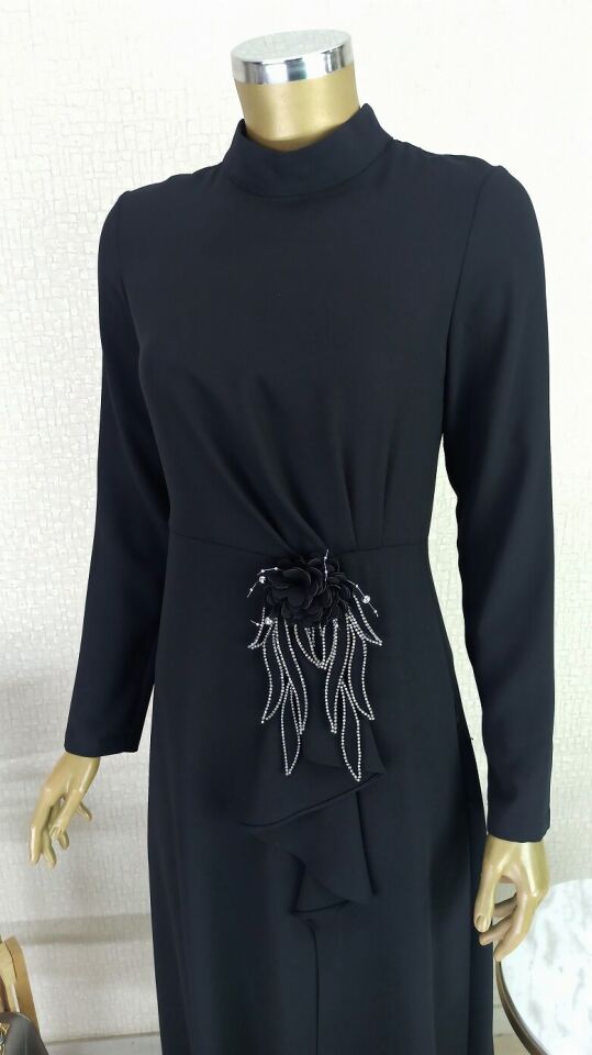 2139 BELİ GÜL VE TAŞ DETAYLI HAKİM YAKA ABİYE ELBİSE QKS ABİYE ELBİSE #23-02#