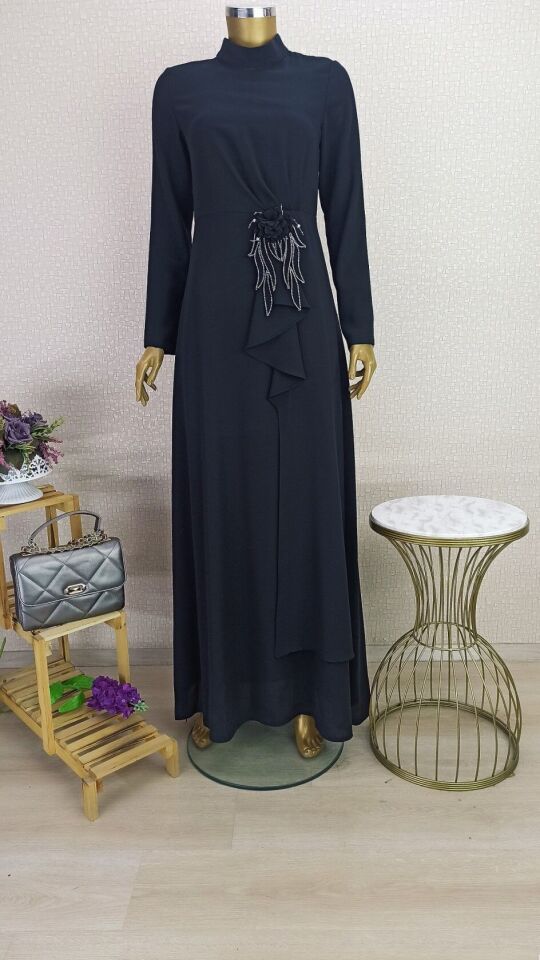 2139 BELİ GÜL VE TAŞ DETAYLI HAKİM YAKA ABİYE ELBİSE QKS ABİYE ELBİSE #23-02#