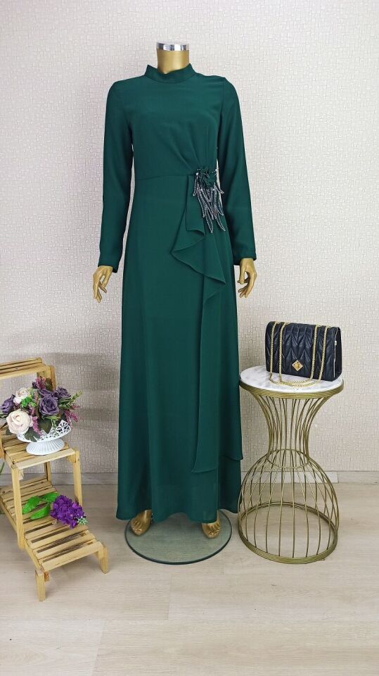 2139 BELİ GÜL VE TAŞ DETAYLI HAKİM YAKA ABİYE ELBİSE QKS ABİYE ELBİSE #23-02#