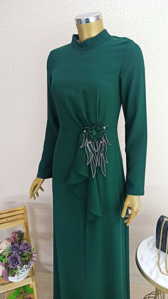 2139 BELİ GÜL VE TAŞ DETAYLI HAKİM YAKA ABİYE ELBİSE QKS ABİYE ELBİSE #23-02#