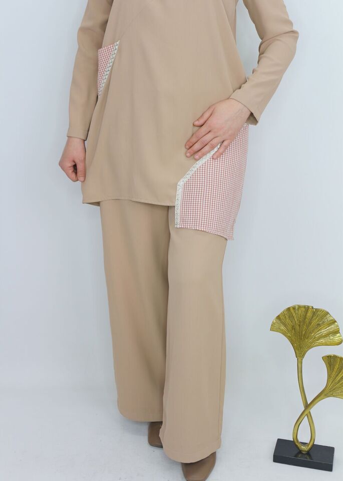 1102 BELİ BAPLAMALII LASTİKL BOL PAÇA PANTOLON QYS PANTOLON S23Y11102  #23-09# 40 - bej