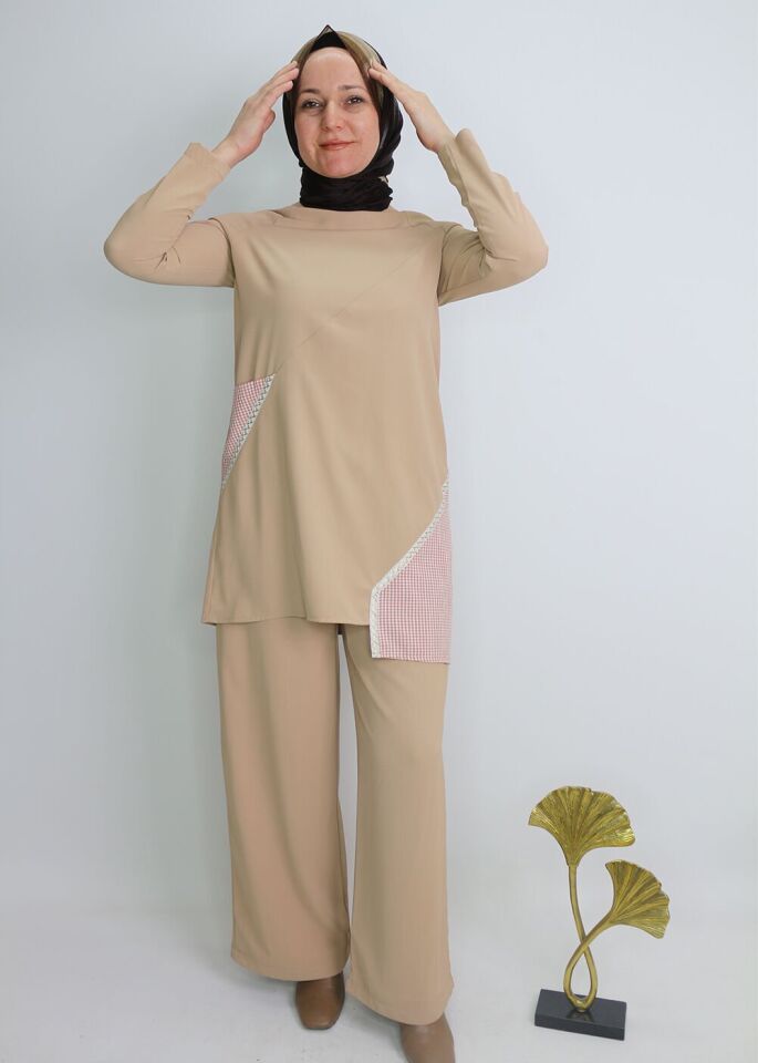1102 BELİ BAPLAMALII LASTİKL BOL PAÇA PANTOLON QYS PANTOLON S23Y11102  #23-09# 40 - bej