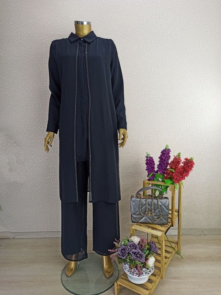 7010 ÖNÜ DETAYLI TAŞLI KOL UÇLARI DÜĞMELİ GÖMLEK YAKA ABİYE TAKIM QKS TAKIM 7010 #23-03#