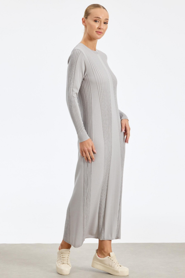 21638 FİTİL DETAYLI RAYON ELBİSE 2 - gri
