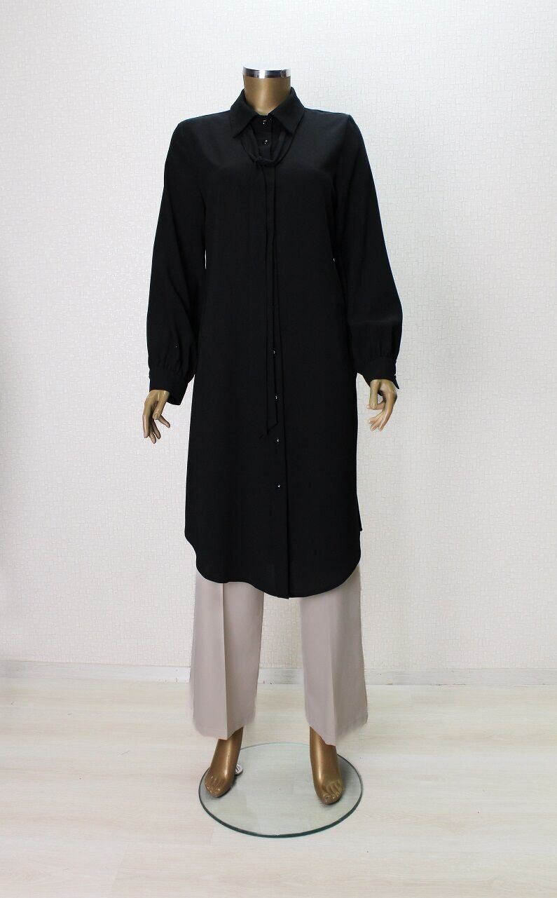 7004 YAKASI FULARLI ÖNÜ DÜĞMELİ FULAR YAKA TUNİK QYS TUNİK 7004 ##23-03#