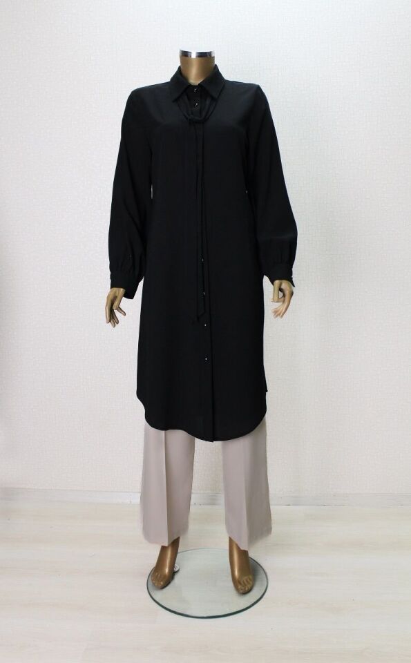 7004 YAKASI FULARLI ÖNÜ DÜĞMELİ FULAR YAKA TUNİK QYS TUNİK 7004 ##23-03#