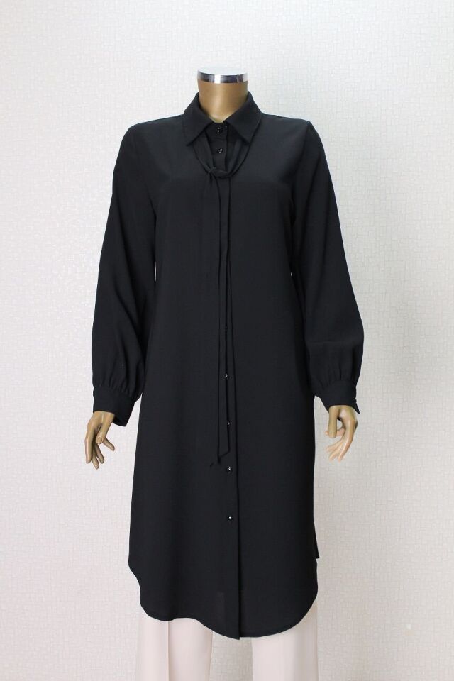 7004 YAKASI FULARLI ÖNÜ DÜĞMELİ FULAR YAKA TUNİK QYS TUNİK 7004 ##23-03#