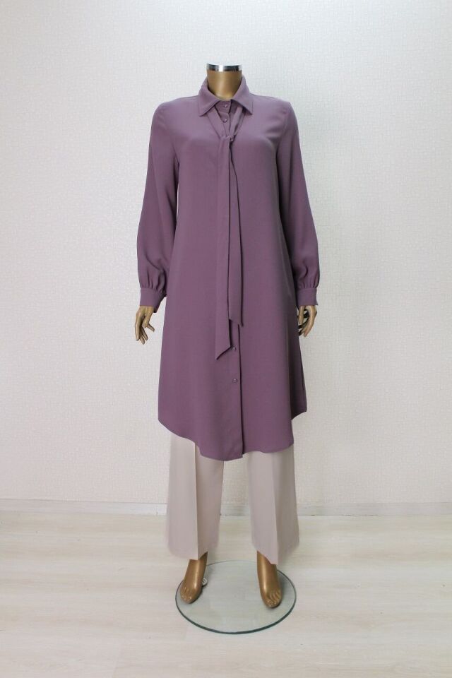 7004 YAKASI FULARLI ÖNÜ DÜĞMELİ FULAR YAKA TUNİK QYS TUNİK 7004 ##23-03#